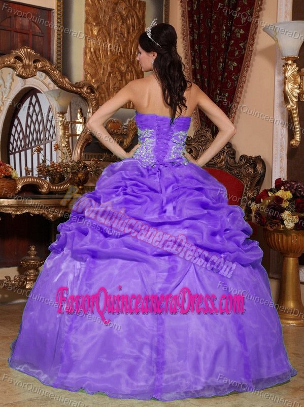 Cheap Strapless Pick-ups Appliqued Light Purple Sweet 15 Dress in Organza