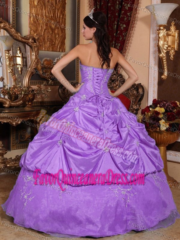 Amazing Appliqued Lavender Quince Dress in Organza Taffeta with Pick-ups