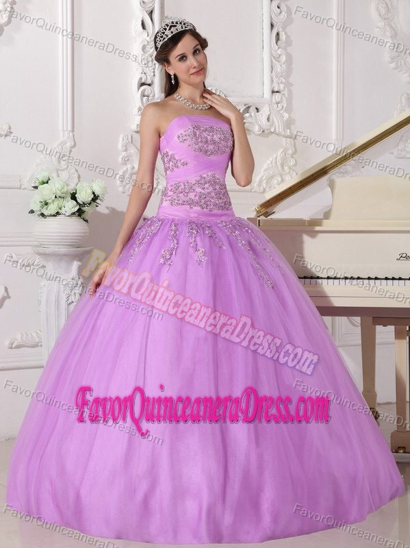 Special Style Tulle Taffeta Strapless Appliqued Dress for Quince in Lavender