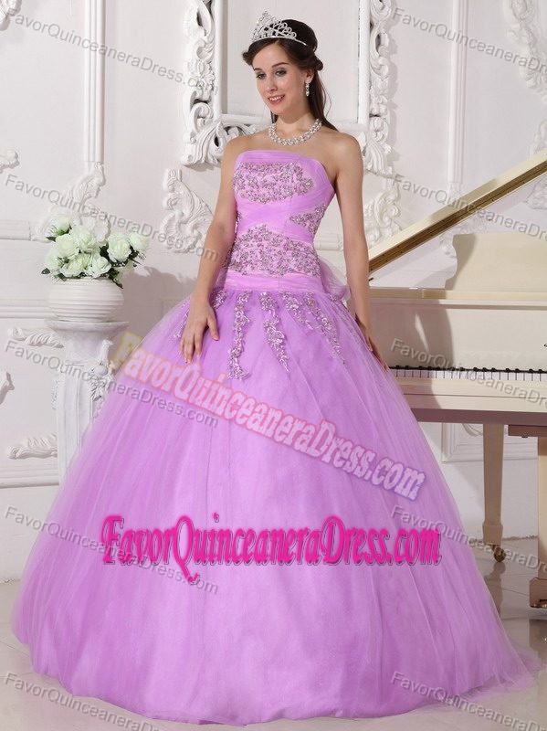 Special Style Tulle Taffeta Strapless Appliqued Dress for Quince in Lavender