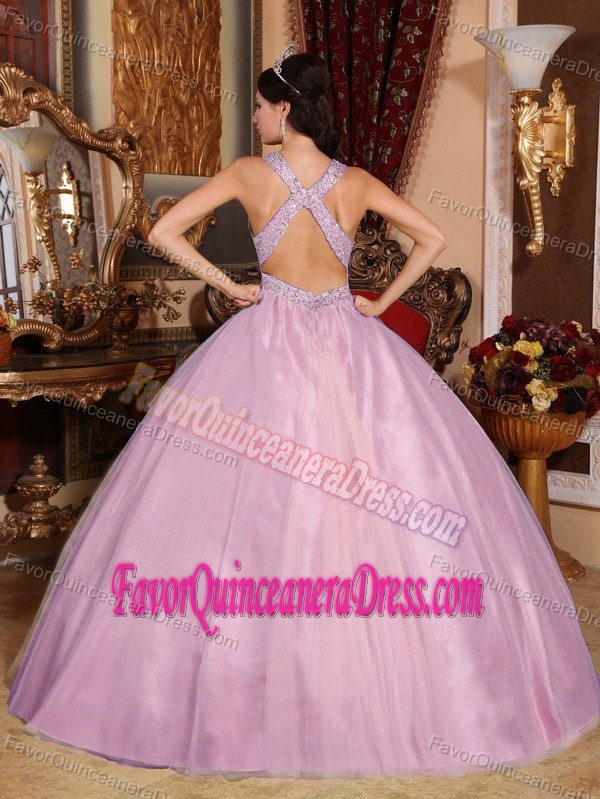 Lovely Taffeta Tulle Beaded Pink Quince Dresses with Crisscross Back