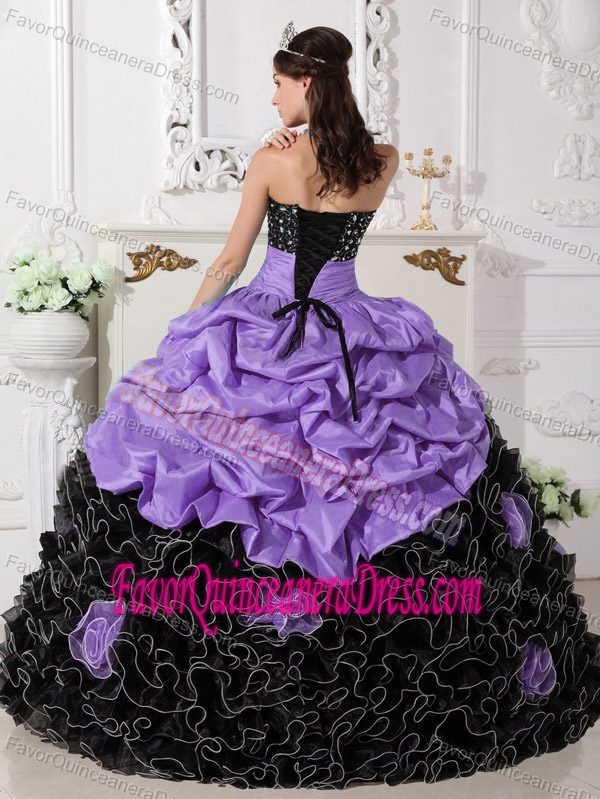 Best Lilac and Black Taffeta Organza Quinceanera Dress with Rolling Flowers