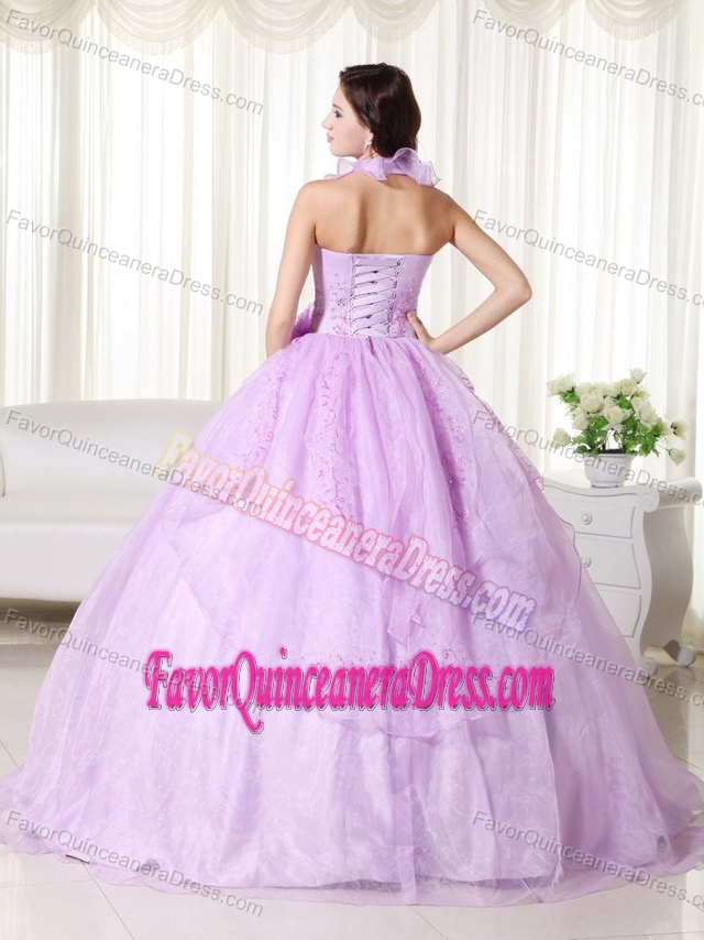 Exclusive Halter Lilac Organza Long Dresses for Quinceaneras with Flower