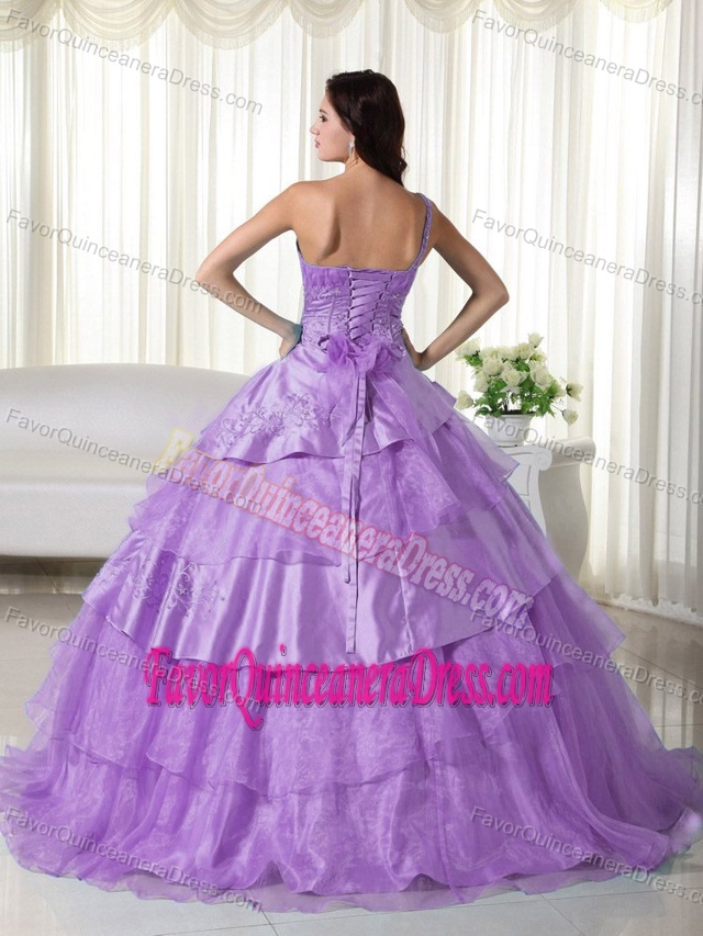 Modest One Shoulder Purple Organza Dress for Quinceaneras with Layers