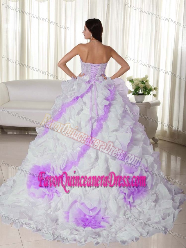 Latest White Organza Court Train Quince Dress with Appliques and Ruffles