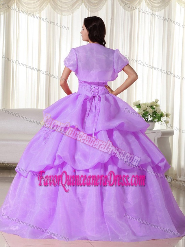 Latest Lavender Organza Sweet Sixteen Dresses with Pick-ups and Flower