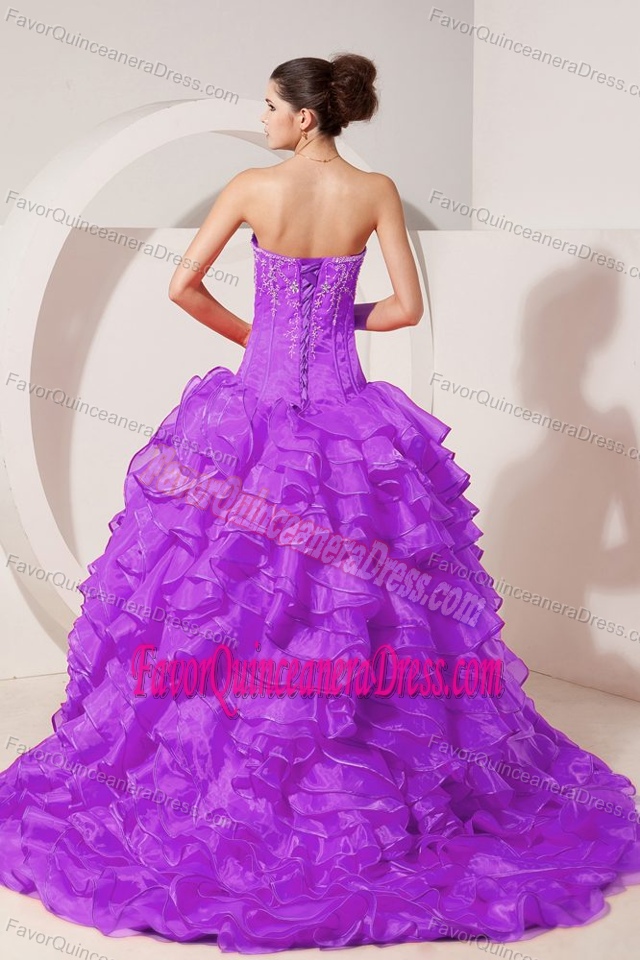 Hot Sale Purple Organza Brush Train Dresses for Quinceanera with Ruffles