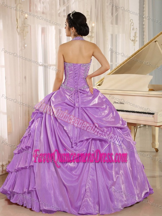 Unique Halter Purple Organza Quinces Dress with Ruffle-layers and Pleats
