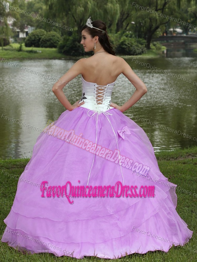 Perfect Strapless White and Lilac Quinces Dress with Embroidery and Bow