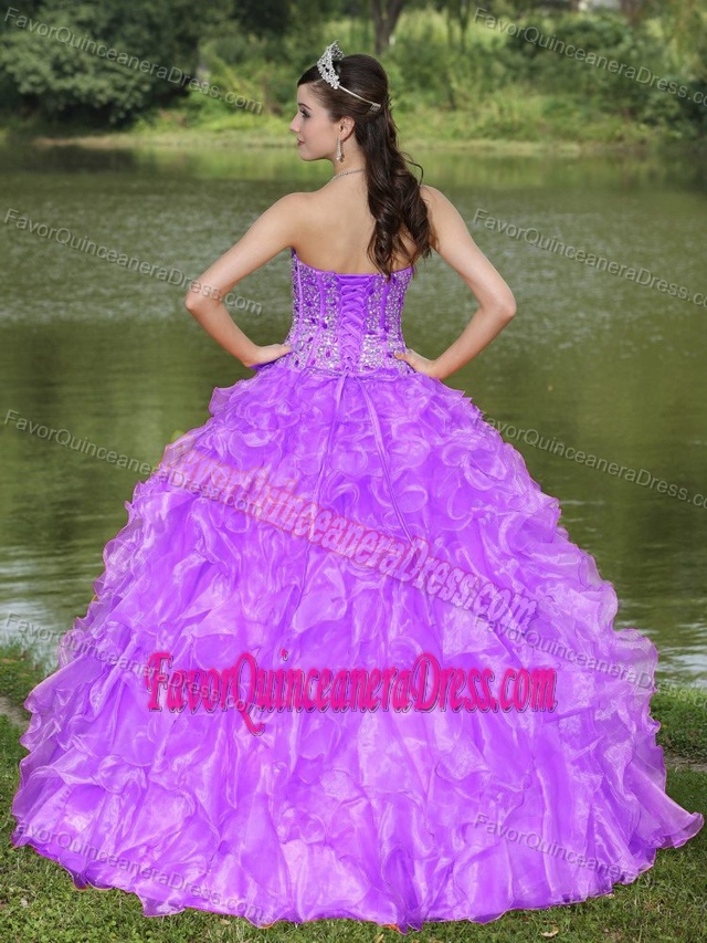Pretty Beaded Sweetheart Purple Quinceanera Gown with Ruffles in Organza