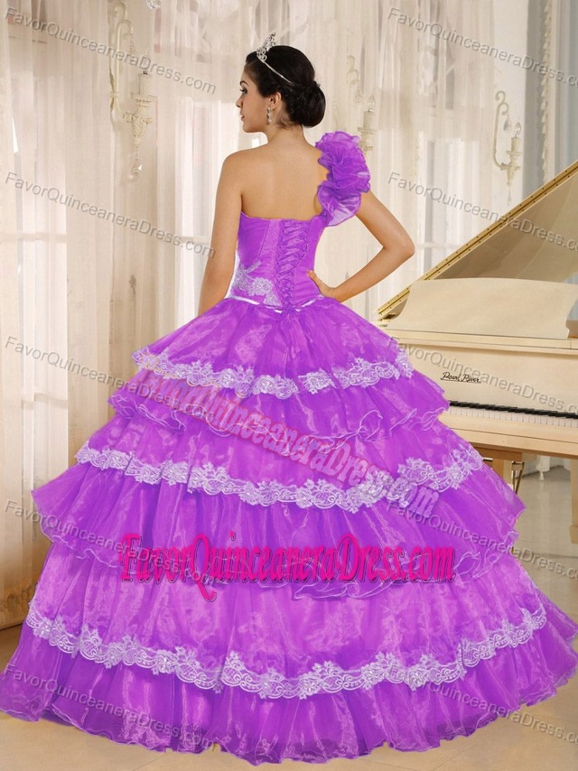 Latest One Shoulder Lavender Organza Quinces Dress with Ruffle-layers
