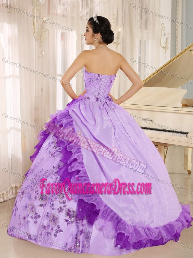 Special Strapless Lilac Taffeta Quinces Dresses with Appliques and Flower