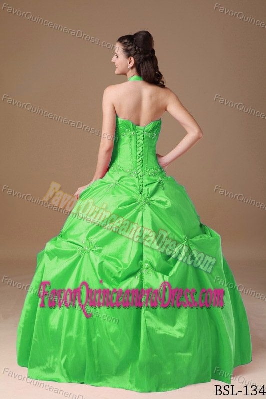 Halter Taffeta Beading Spring Green Top Quinceanera Dresses with Ruches