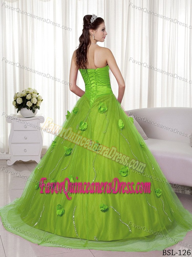 Flattering Quince Dress Sweetheart Tulle Hand Made Flower in Lime Green