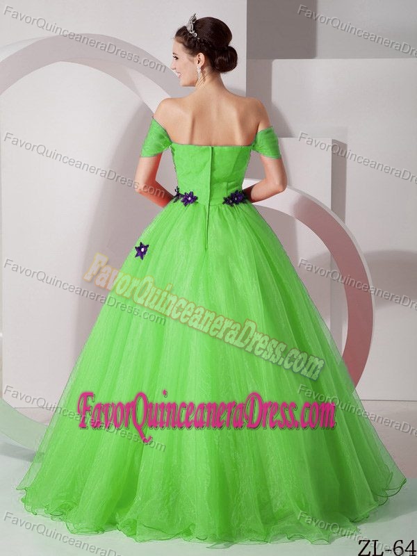 Traditional Quince Dress Off The Shoulder Organza Applique in Lime Green