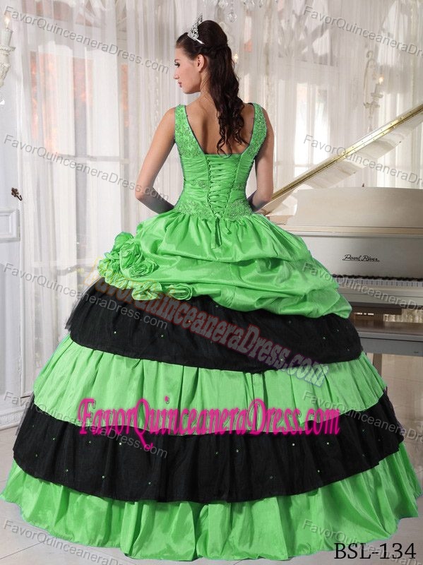 Modest Lime Green Quince Dress V-neck Taffeta with Beading and Pick-ups