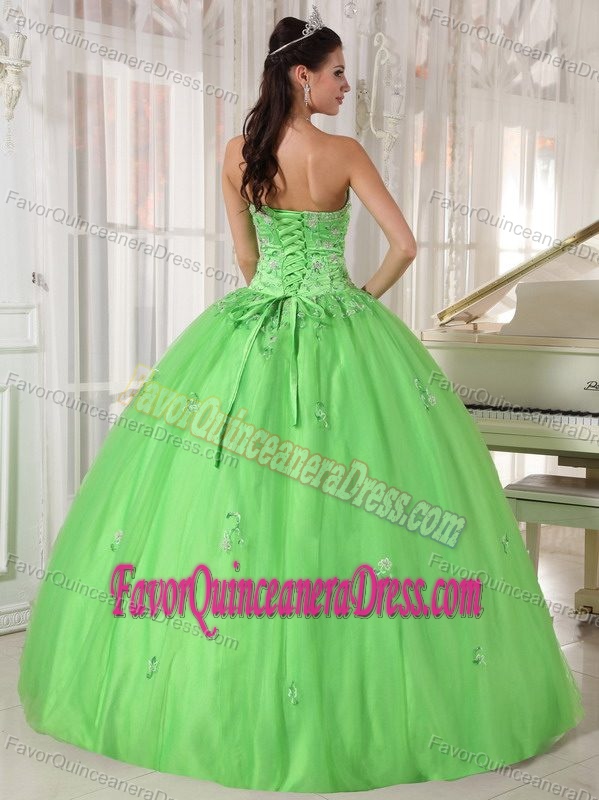 Sexy Lime Green Appliques Quince Dress Strapless with Taffeta and Tulle