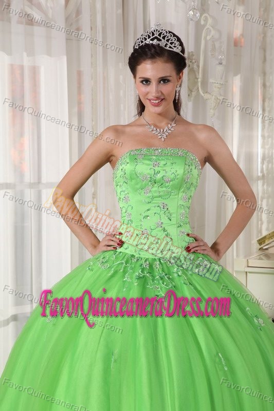 Sexy Lime Green Appliques Quince Dress Strapless with Taffeta and Tulle