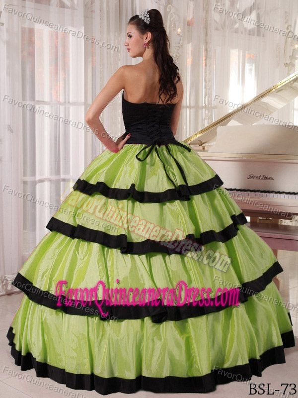 Simple Strapless Taffeta Quinceanera Gown in Green and Black with Ruffle