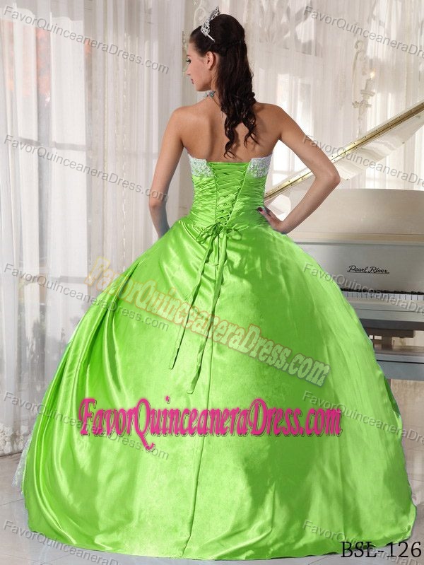 Beautiful Strapless Taffeta Quinceanera Dress in Spring Green with Lace