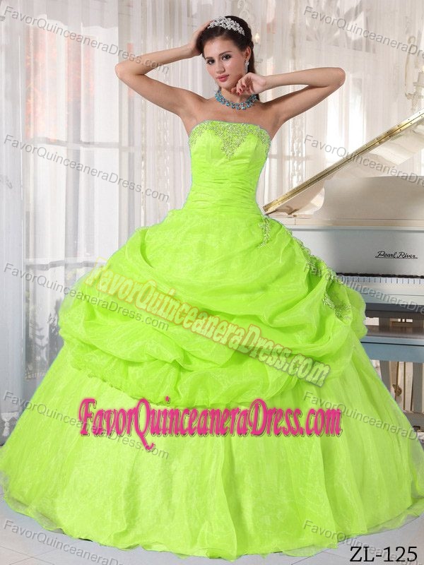 Affordable Quince Dress in Lime Green Strapless Organza with Appliques