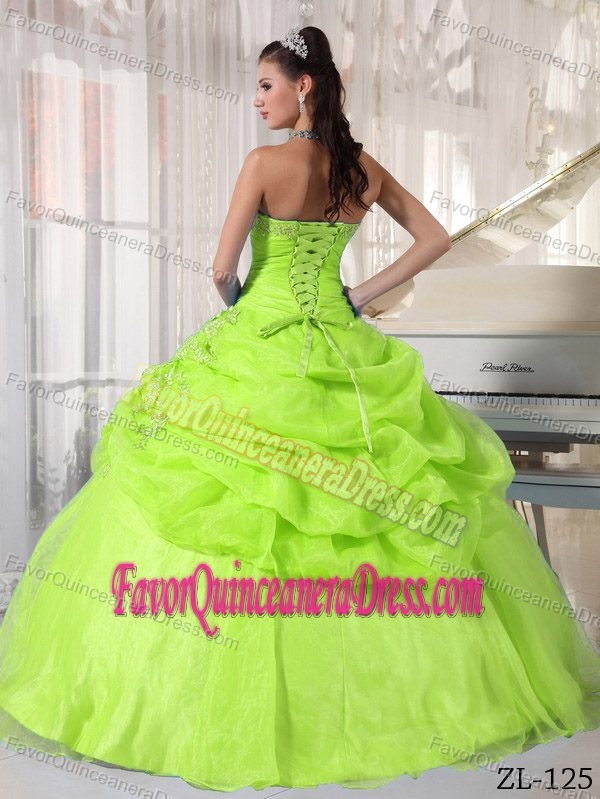 Affordable Quince Dress in Lime Green Strapless Organza with Appliques