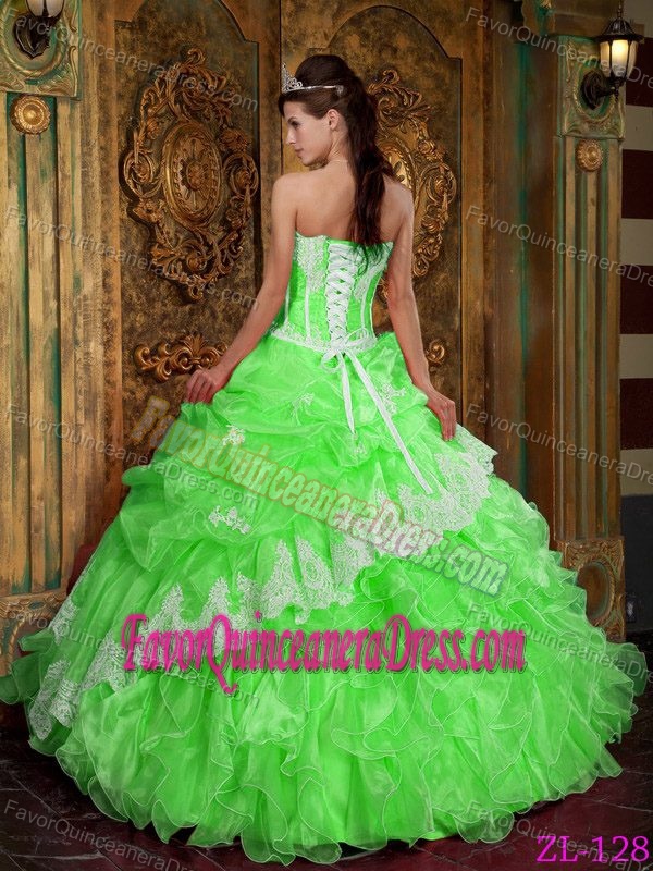 Perfect Lime Green Appliques Strapless Quince Dress with Organza Ruffles
