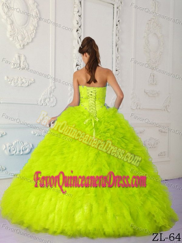 Lime Green Sweetheart Organza Ruffled Quinceanera Dresses with Beading