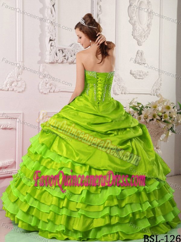 Cheap Lime Green Quince Dress Strapless Taffeta with Beading and Ruffles