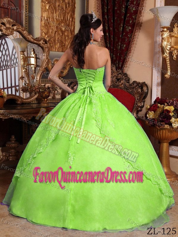 Exclusive Quinceanera Dress in Yellow Green Strapless Organza Appliques