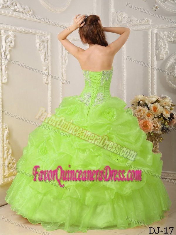Cheap Ruffled Quince Dress in Lime Green Strapless Organza with Beading