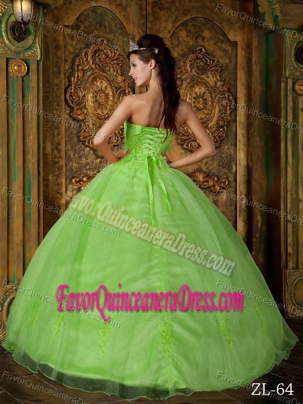 Fashionable Spring Green Quince Dress with Strapless Appliques Organza