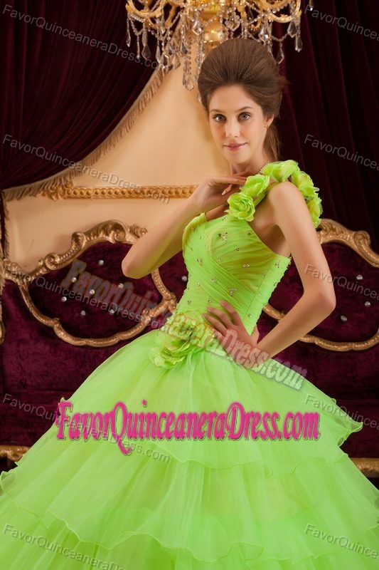 Distinctive Quinceanera Dress in Lime Green One Shoulder with Ruffles