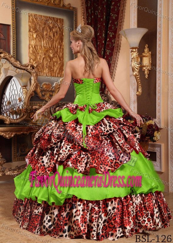 Unique Colorful Quince Dress with Strapless Taffeta and Leopard Pick-ups