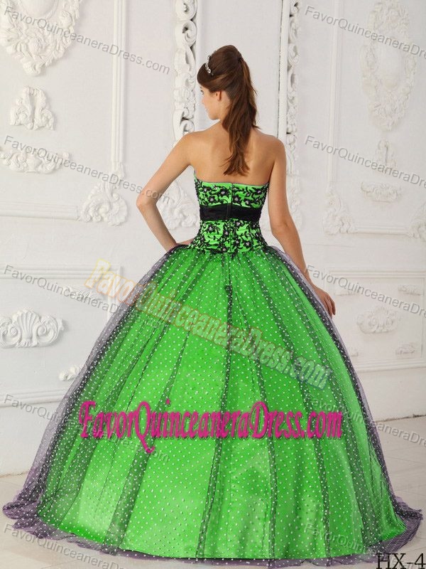 Taffeta and Tulle Spring Green Strapless Beading Appliques Quince Dress