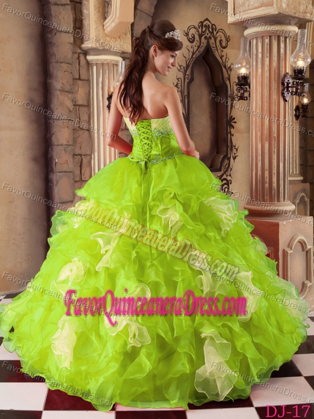 Discount Strapless Organza Quince Dress Lime Green Beading and Ruffles