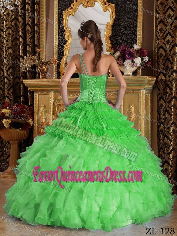 Spring Green One Shoulder Organza Beading and Ruffles Quinceanera Dress