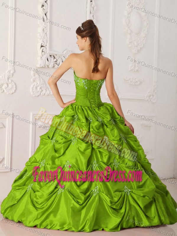 Lime Green Strapless Taffeta Appliques and Pick-ups Quinceanera Dress