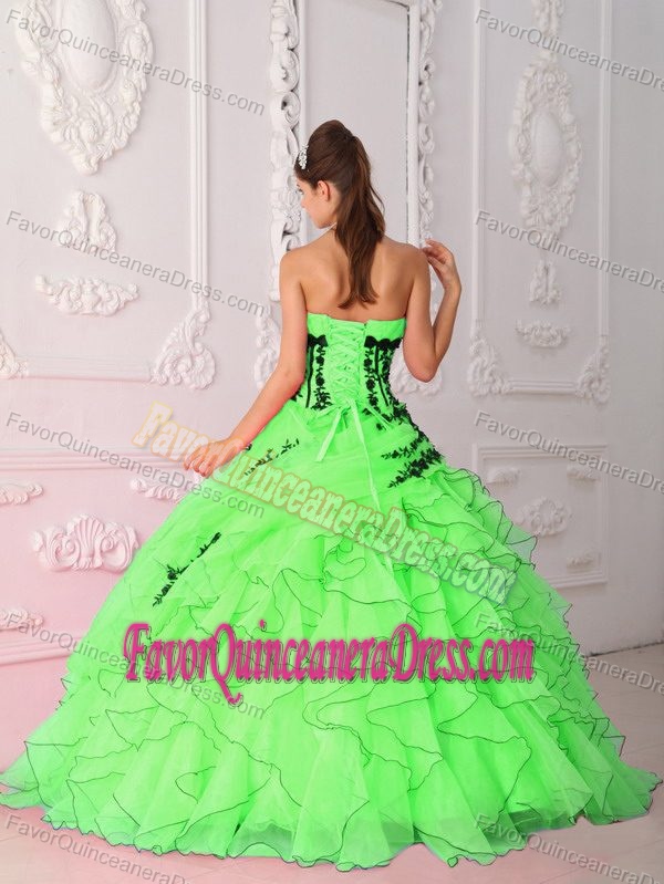 Lime Green Ball Gown Strapless Quince Dress with Appliques and Ruffles