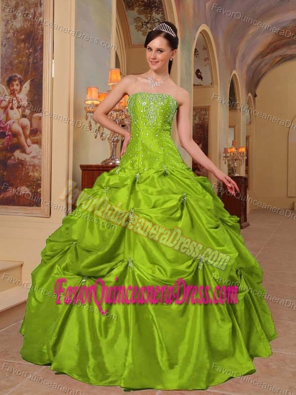 Lime Green Strapless Taffeta Beading and Pick-ups Plus Size Quince Dress