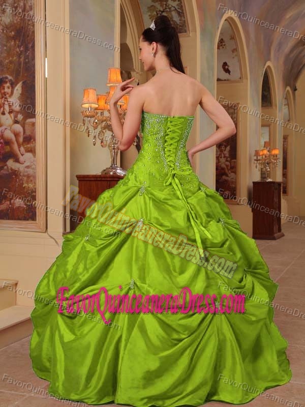Lime Green Strapless Taffeta Beading and Pick-ups Plus Size Quince Dress