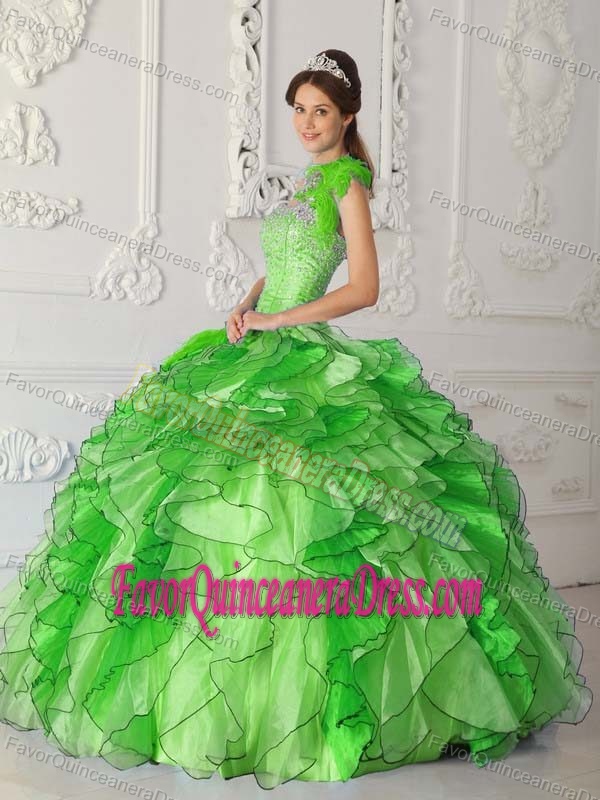 Perfect Beading Sweet Sixteen Dress in Green with One Shoulder Organza