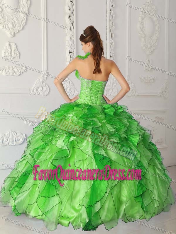 Perfect Beading Sweet Sixteen Dress in Green with One Shoulder Organza