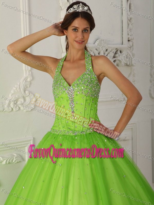 Recommended Tulle Quinceanera Dress in Lime Green with Halter Beading