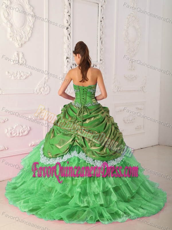 Flattering Spring Green Lace and Applique Quince Dress Strapless Organza