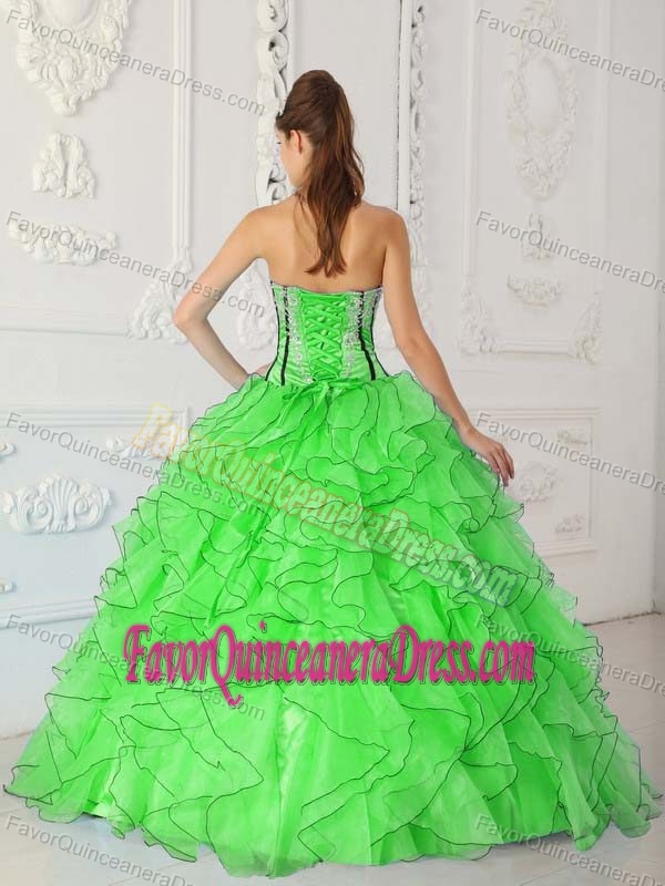 Strapless Spring Green Organza Appliques and Ruffles Quinceanera Dress