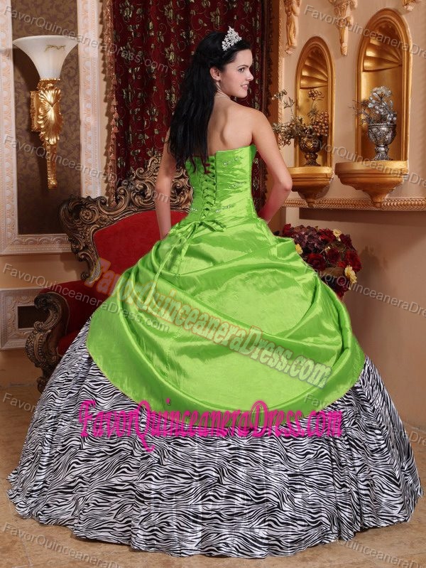 Beautiful Beaded Quince Dress in Green with Sweetheart Taffeta and Zebra