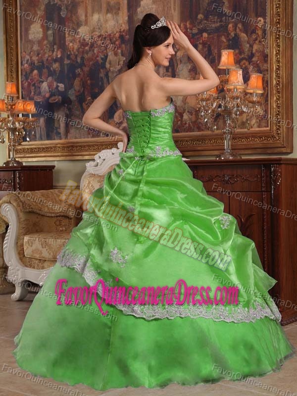 Sweetheart Spring Green Organza Ruched Quinceanera Dress with Appliques