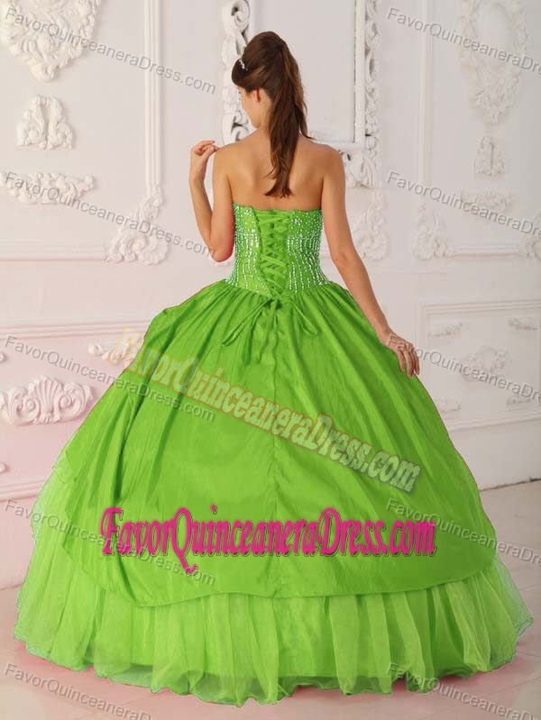 Beading Dress for Quince in Spring Green Strapless Organza and Taffeta