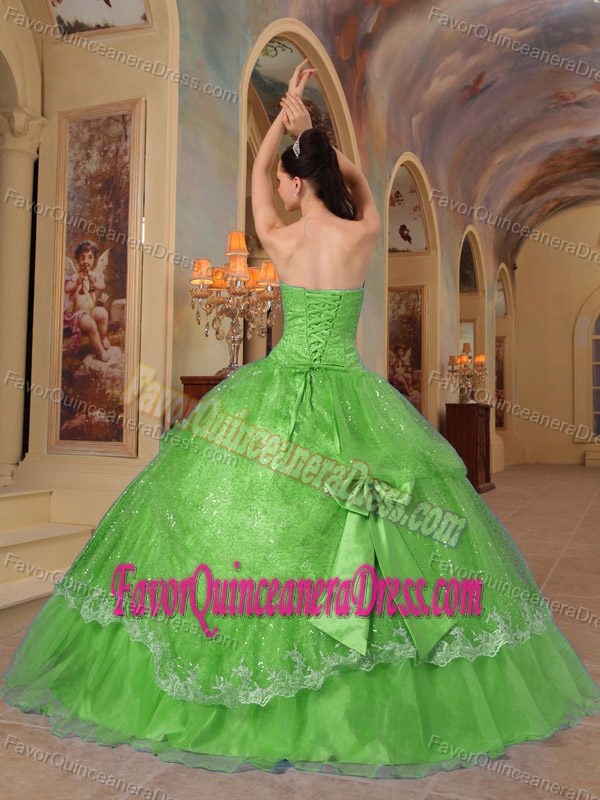 Wonderful Organza Green Sweet 16 Dresses Strapless with Bows and Sequin